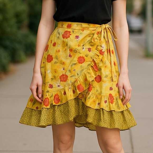Vintage 00s Y2K Floral Yellow Wrap Skirt, Cottage Fairy Kidcore Vibes - Picture 2 of 9